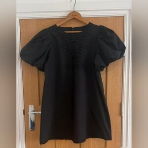 Black Puff-Sleeve Mini Dress with Eyelet Detail